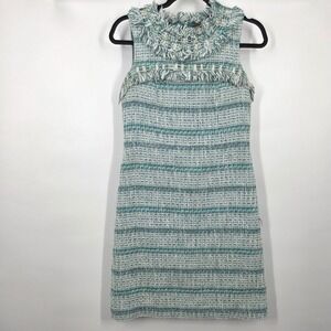 Tory Burch SZ 2 Green Boucle Fringe Tweed Career Lined Work Dress Shift